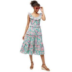 J. Crew Printed Ruffle Midi Dress